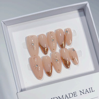 Faux ongles en amande pour doigts larges, faits main, 10 pièces, motif étoile dorée et pierre bleue, à presser, larges