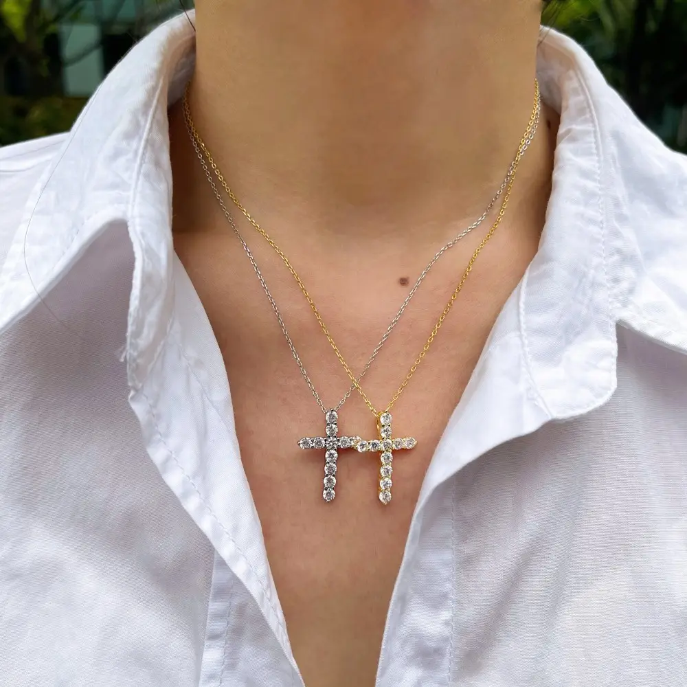 Shuohan Top End Women Daily Wear Jewelry 925 Sterling Silver 18K Gold Diamond 5A Cubic Zirconia Cross Pendant Necklace