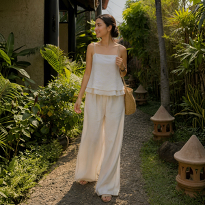 Ensemble Coordonné Bohème de Luxe en Coton Tissé pour l'Été - Débardeur Cami Blanc et Pantalon Large - Vente en Gros - Product Image 1