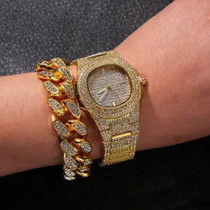 Venta caliente reloj de diamante completo Collar chapado en oro pulsera Hip Hop cadena cubana 20mm conjunto de joyas