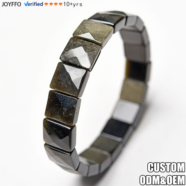 JOYFFO Wholesale Natural Stone Gold Sheen Obsidian Bracelet Diamond-Cut Flat Bead Bracelets for Women Men
