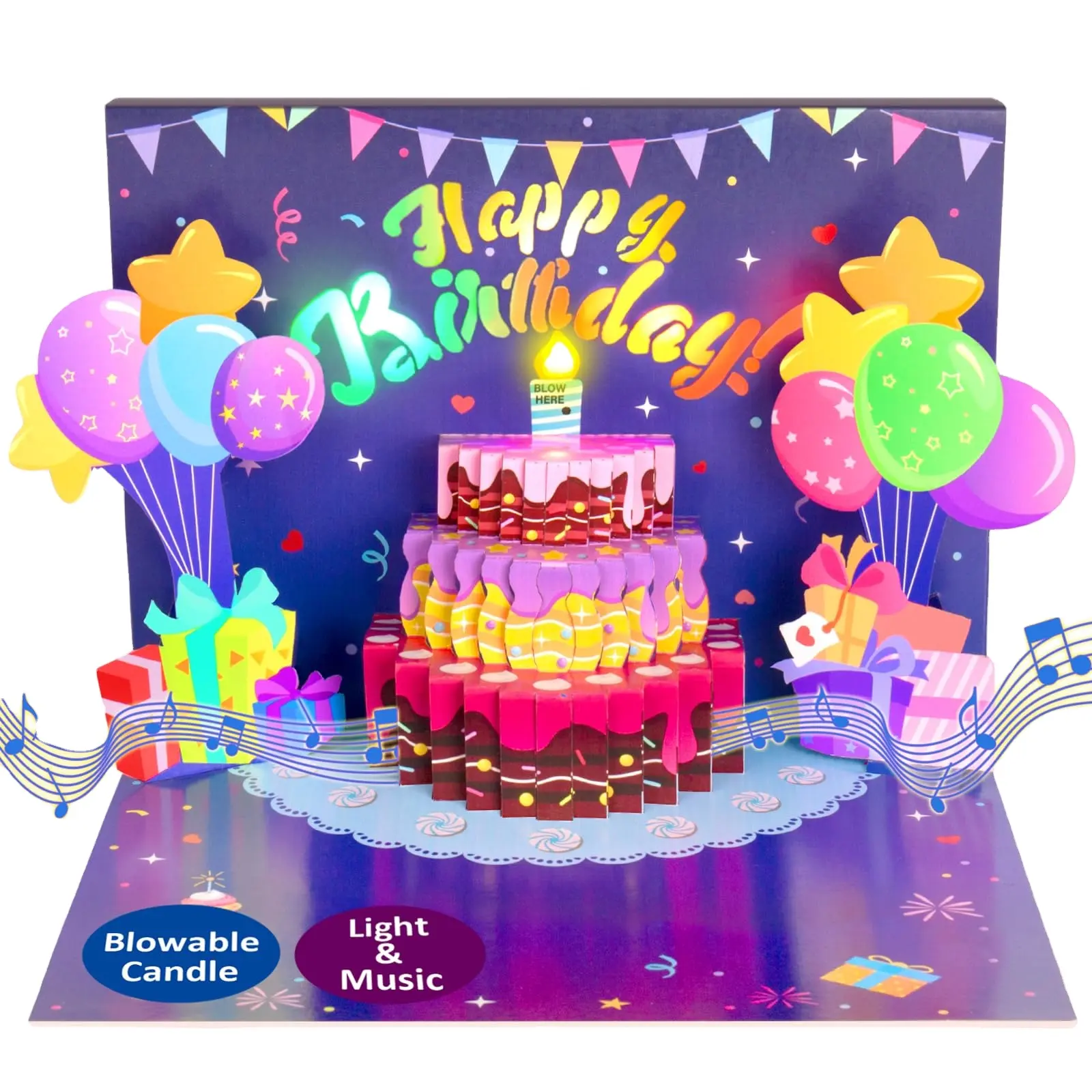 Blow Out Light Candle and Play Happy Birthday Music Pop Up Card, Birthday Gifts 3d Greeting Cards