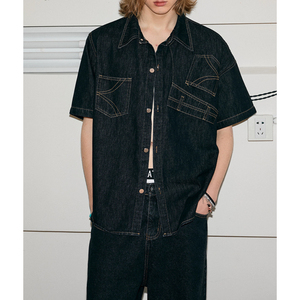 Pantalon inversé personnalisé avec chemise à manches courtes en jean dépareillé Chemise en jean noir Blouses pour femmes Chemises - Product Image 6