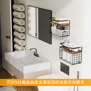 Bathroom Towel <b>Rack</b> Wall Mounted 6 Tier Black Metal With Wood Shelf Durable Storage For Towels And Bathroom Essentials - Product Image 2