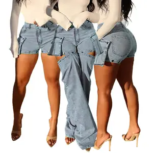Hot Sale Summer Fashion Women Denim Pants Wholesale High Quality Detachable Stretch High Street Wear Solid Jeans