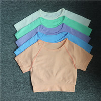 Camiseta Deportiva de Manga Corta para Mujer, 90% Nailon, 10% Elastano, Color Sólido, Sin Costuras, para Yoga, Fitness, Gimnasio