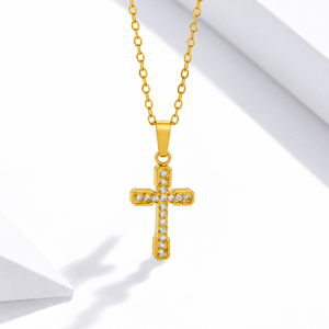 Collar con Cruz de Circonio, Acero Inoxidable, Chapado en Oro de 14K al Vacío, Cadena con Colgante de 42+5.5 cm, 2.5 g - Product Image 1
