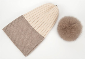 Bonnet en cachemire en gros avec pompon en vraie <span class=keywords><strong>fourrure</strong></span>, bonnet d'hiver tricoté long, bonnet ample à revers, bonnet chaud pour le ski - Product Image 4