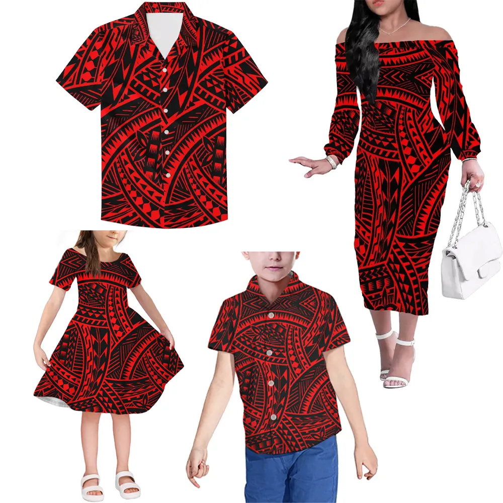 New Arrivals Plus Size Volwassen Kinderkleding 4 Stuk Set Polynesische Tribal Design Vrouwen Jurk Mannen Shirt Casual familie Sets
