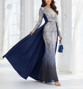 فستان سهرة طويل للنساء بأكمام طويلة مزين بالترتر الأزرق مع حزام خصر وذيل قابل للفصل - Product Image 4