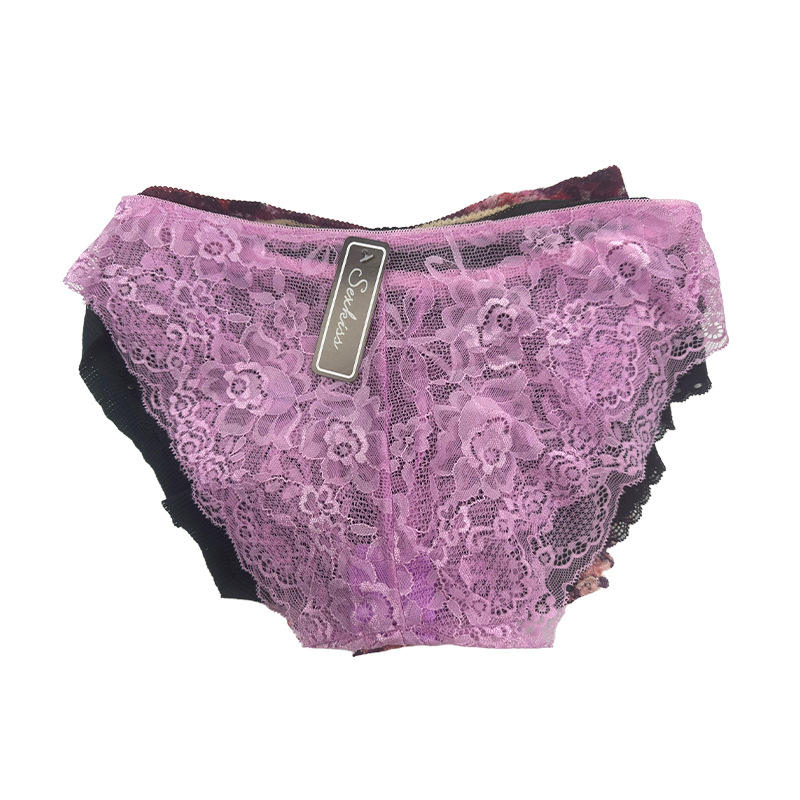 Ribbed Thread Cotton Lace Panties Solid Color Black Mid-rise Underwear for Cheap Wholesale Price in Dozen Pack 12