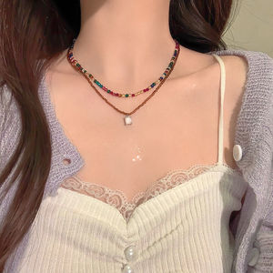 더블 레이어 보헤미안 스타일 목걸이 비치-영감을 컬러 유리 크리스탈 비즈 골드 도금 꽃 모양 패턴 체인 유형 - Product Image 5