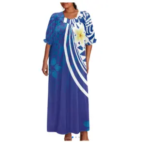 Latest Design Customized Micronesia Mumu Dress Women Plus Size Blue Fancy Bubble Sleeve Square Collar Loose Midi Dresses 5XL 6XL