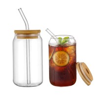 Vasos de vidrio a granel de 16 oz, bajo MOQ, vasos de vidrio de borosilicato alto con tapa de bambú y pajita