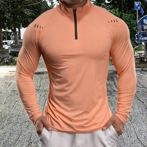 Men Autumn Printed Lightweight Breathable Dry-Fit Four-Way Stretch Skinny Fit Quarter <b>Zip</b> Long Sleeve Athletic Performance - Product Image 3