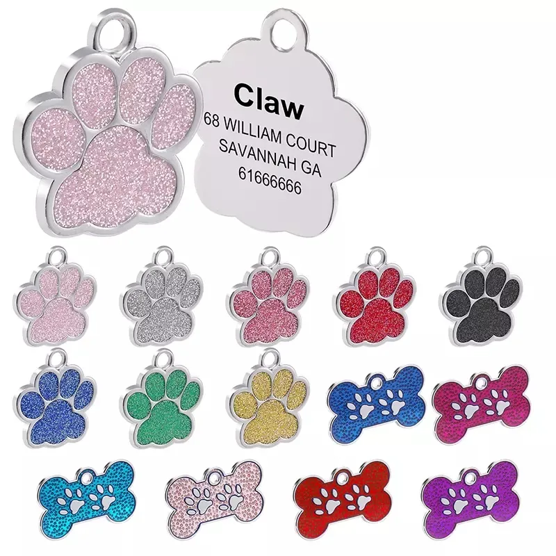 Joyfamily Factory Direct Custom Grabado Personalizado Glitter Paw Pet Tag y Cat Tags
