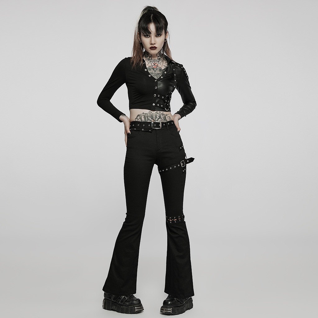 Punk Rave WT-721DQF Elastic Slim Fit Double Color Spliced V Neck Long Sleeve Loops Decorated Woman Pullover T-shirt