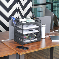 Organisateur de documents de bureau en maille métallique, support de rangement multifonctionnel pour dossiers avec porte-stylos
