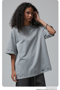 เสื้อยืดแขนสั้นโอเวอร์ไซส์ สีพื้น สไตล์สตรีท ผ้าคอตตอนเจอร์ซีย์ คอกลม ระบายอากาศได้ดี เสื้อผ้าผู้ชาย - Product Image 2