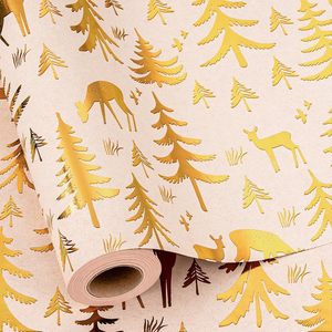 Yarcony Kraft Christmas <b>Wrapping</b> <b>Paper</b> Ivory Gold Foil Tree Deer Theme 17 In X 33 Ft Roll Gift Craft Recyclable - Product Image 1