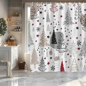 Rideau de Douche en Polyester Imprimé Numérique Personnalisé Motifs Arbres Pastel, Étoiles et Flocons de Neige, Imperméable, Vente en Gros - Product Image 1