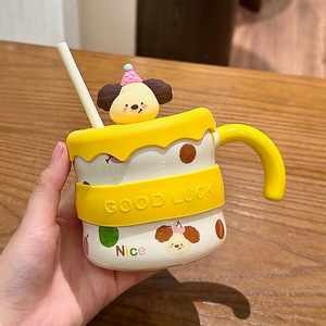 แก้วการ์ตูนลูกสุนัข Zuo Mu พร้อมฝาและหลอด 300 มล. ลายนำโชค สำหรับเป็นของขวัญเด็กผู้หญิง ฤดูใบไม้ผลิ 2025 - Product Image 3