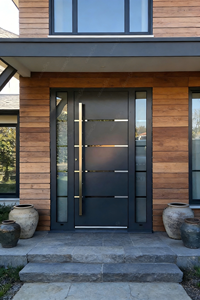 Portes <span class=keywords><strong>d</strong></span>'<span class=keywords><strong>entrée</strong></span> pivotantes modernes personnalisées à longue poignée en métal, portes <span class=keywords><strong>d</strong></span>'<span class=keywords><strong>entrée</strong></span> de sécurité en acier inoxydable avec lumière latérale - Product Image 6