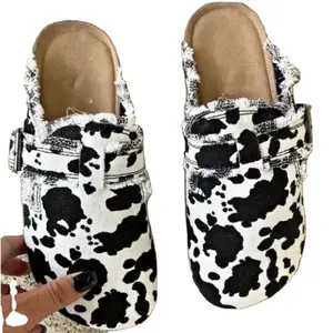 New Arrival Women Casual Cow Print Flat Half Slip On Shoes Canvas Slides