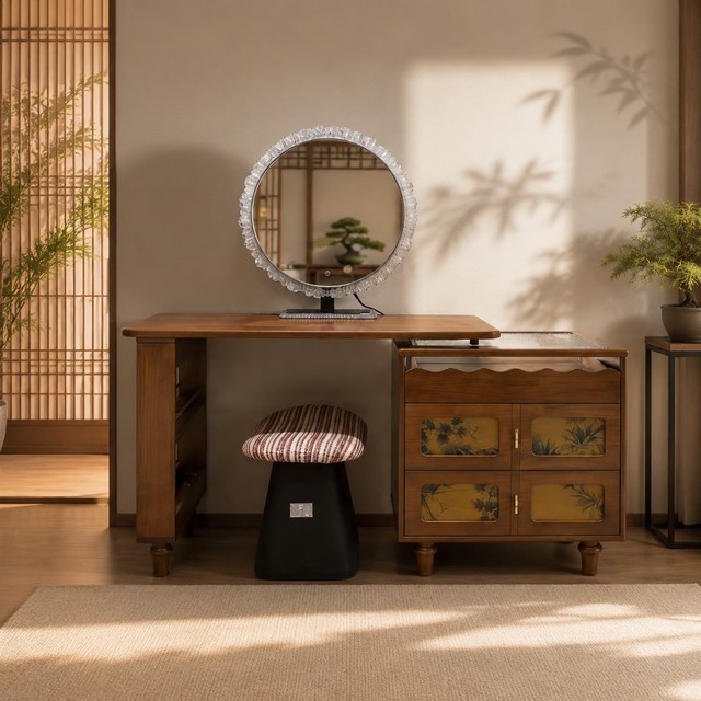 American Retro Oak Solid Wood Dressing Table with Standing Mirror Durable & Extendable for Apartment New Home Midcentury Bedroom