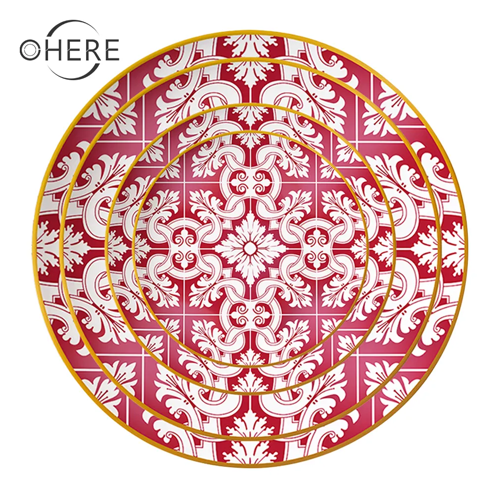 Wholesale classic Chinese style paper cut red flower charger plate wedding tableware set dinnerware set for wedding and hotel