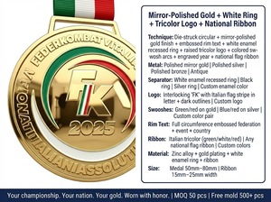 Medalla de Premio Personalizada de Aleación de Zinc con Acabado Dorado Espejo y Grabado Láser del Logotipo FK 2025, Campeonato <span class=keywords><strong>Italiano</strong></span> de Combate, con Cinta de la Bandera Italiana, Duradera - Product Image 5