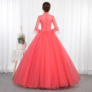 Watermelon Red Long Evening Gown With Puffy Skirt For Stage Performance Women Adult Size 129 Solid Color Polyester Fabric - Product Image 4
