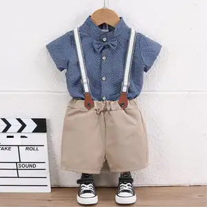 Çocuk giysileri fabrika toptan bebek erkek beyefendi ekose pamuk kısa kollu gömlek pantolon çocuk giysileri setleri yaz