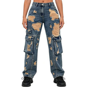 Jean <span class=keywords><strong>baggy</strong></span> pour <span class=keywords><strong>femme</strong></span> High Street en coton/élasthanne respirant, avec plusieurs poches, en denim délavé, coupe large, style <span class=keywords><strong>cargo</strong></span> - Product Image 3