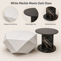 Table basse hexagonale en marbre blanc à facettes géométriques, surface sculpturale, piédestal monolithique, côté en verre fumé, cadre en bois moderne
