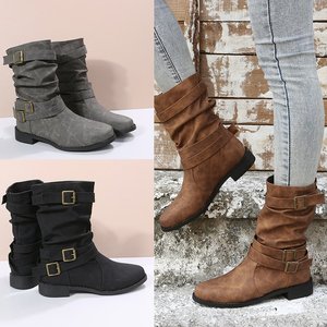 Bottes Chelsea pour femme, style rétro euro-américain, hiver, à enfiler, mi-mollet, à talon épais, bout uni, couleur unie, couleur polie, style équestre, grandes tailles - Product Image 6