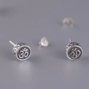 Real 925 Sterling Silver OM Mantra Stud Earrings For Women and Men Retro Antique Style Six-Word Sutra Buddhism Jewelry