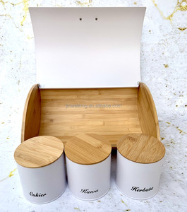 रसोई बांस रोटी बॉक्स ढक्कन के साथ धातु भंडारण कनस्तर सेट रोटी बिन धारक चाय चीनी कॉफी जार - Product Image 4