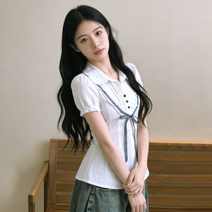 Camisa Vintage de Verano de Manga Corta Tejida con Cuello en V y Ribete de Encaje en Contraste, Estilo Preppy y Lindo - Product Image 5