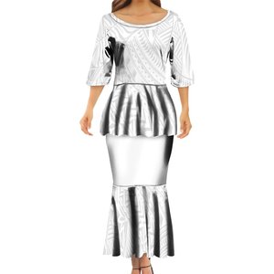 Regalo Personalizzato per la Festa della Mamma, Abito Polinesiano Tribale Puletasi Bianco, Set di 2 Pezzi con Gonna Lunga - Product Image 4