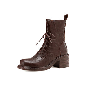 OEM ODM 100% cuero genuino retro clásico tobillo <span class=keywords><strong>botas</strong></span> altas con <span class=keywords><strong>cordones</strong></span> de punta cuadrada <span class=keywords><strong>botas</strong></span> de <span class=keywords><strong>plataforma</strong></span> para las mujeres <span class=keywords><strong>botas</strong></span> de combate - Product Image 1