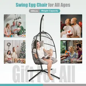 All Weather Swing <b>Egg</b> <b>Chair</b> Indoor Outdoor, Comfy Rattan Patio Basket Hanging <b>Chair</b> with Stand and <b>Cushions</b>, 350lbs Heavy Duty - Product Image 6