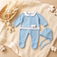 Combinaison bébé en coton KAIYUE, ensemble deux pièces tricoté sur mesure pour nouveau-né, avec col Peter Pan, bande de dentelle, ruban, pompons et bonnet