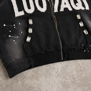 Sweat à capuche zippé <span class=keywords><strong>noir</strong></span> en gros, orné de strass, effet éclaboussures de peinture, coupe courte, style vintage, streetwear pour homme - Product Image 5