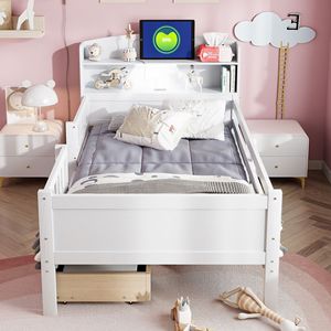 White Children's <b>Storage</b> Bed With Headboard Bookshelf Drawers For <b>Kids</b> Bedroom - Product Image 2