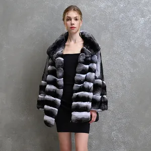 Factory Direct Sales Stand Collar Women Winter Natural Fur Jackets Long Sleeve Genuine Rex Rabbit Chinchilla Full Fur Coat