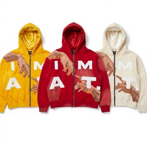 Sudadera con capucha gráfica con cremallera completa, forro de satén, estilo oversize, de felpa gruesa, estilo streetwear, con patchwork - Product Image 1