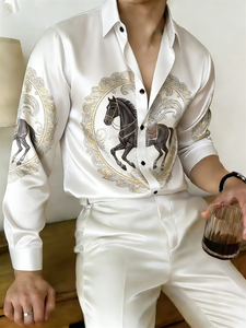 New Multi-color Orange Gold Horse Printed <strong>Men's</strong> Long Sleeved Single Breasted Casual <strong>Shirt</strong> with 3D Printed Satin <strong>Silk</strong> <strong>Shirt</strong> - Product Image 5