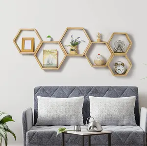 Hexagon Set rak dinding terpasang di dinding, rak penyimpanan kayu sarang lebah Set 6 untuk ruang tamu kamar tidur kantor