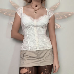 Camiseta de Verano para Mujer, Estilo Dulce y Femenino, Color Sólido, Encaje, Impresión Digital, Transpirable, Cierre de Botones, Corte Ajustado - Product Image 3